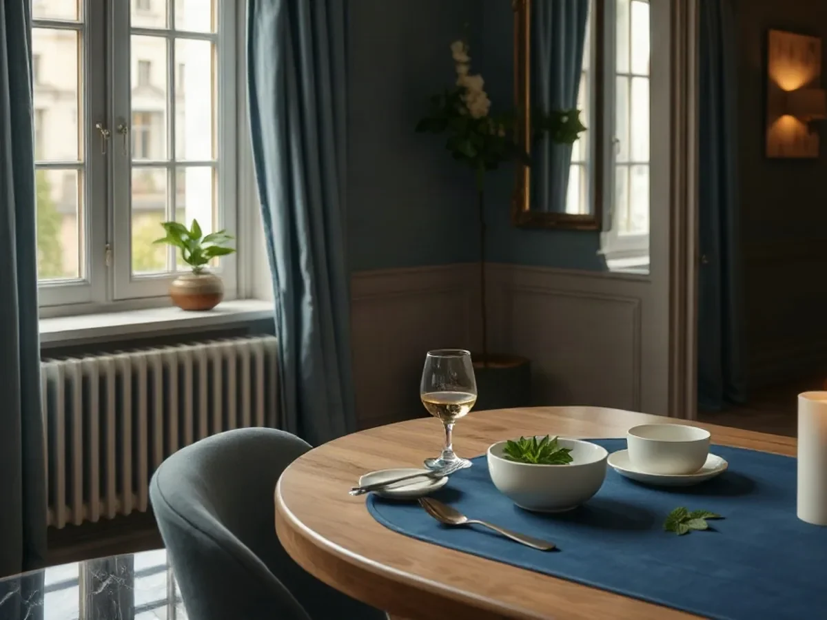 A softly lit quiet corner with oak, blue linen and ivory crockery.