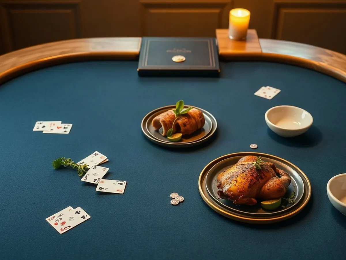 Physical poker table with cards and small symbolic counters on blue felt.