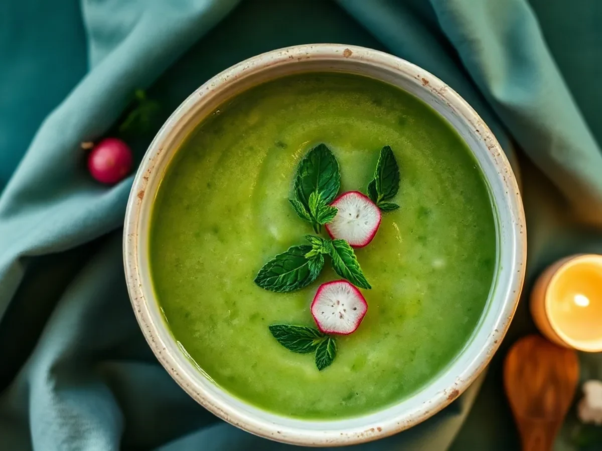 Chilled pea velouté topped with mint and crisp radish.
