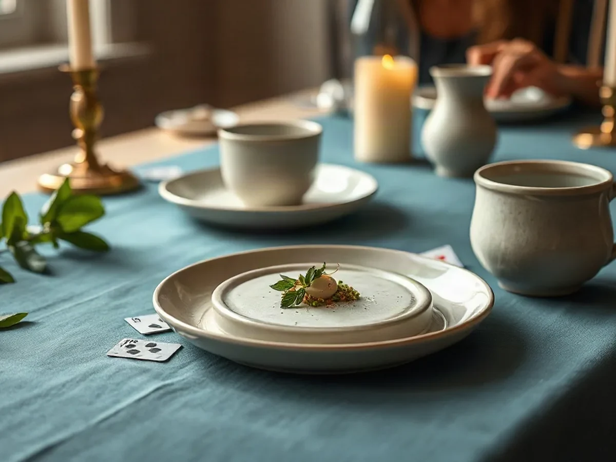 Ivory crockery, blue linen, pale oak and a few cards.