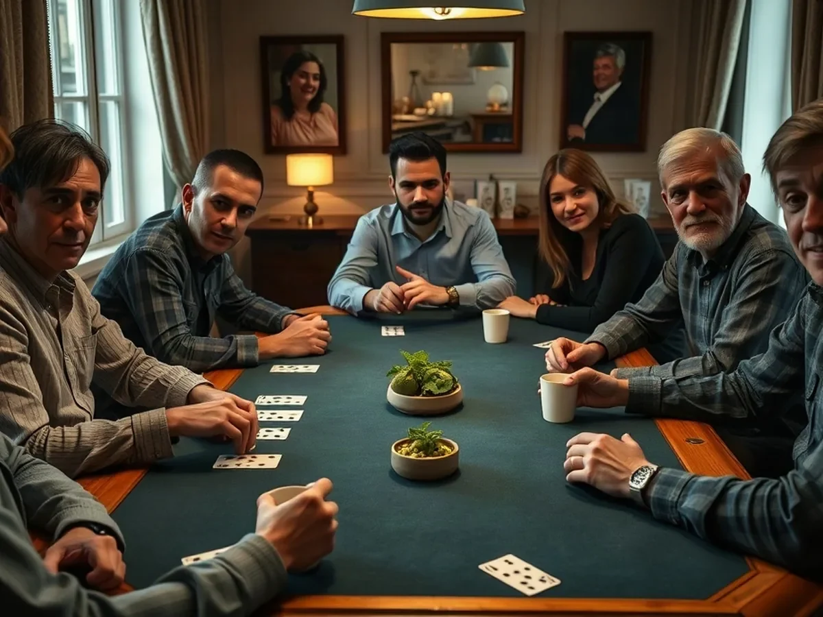 Adult poker players gathered around blue felt in warm light.
