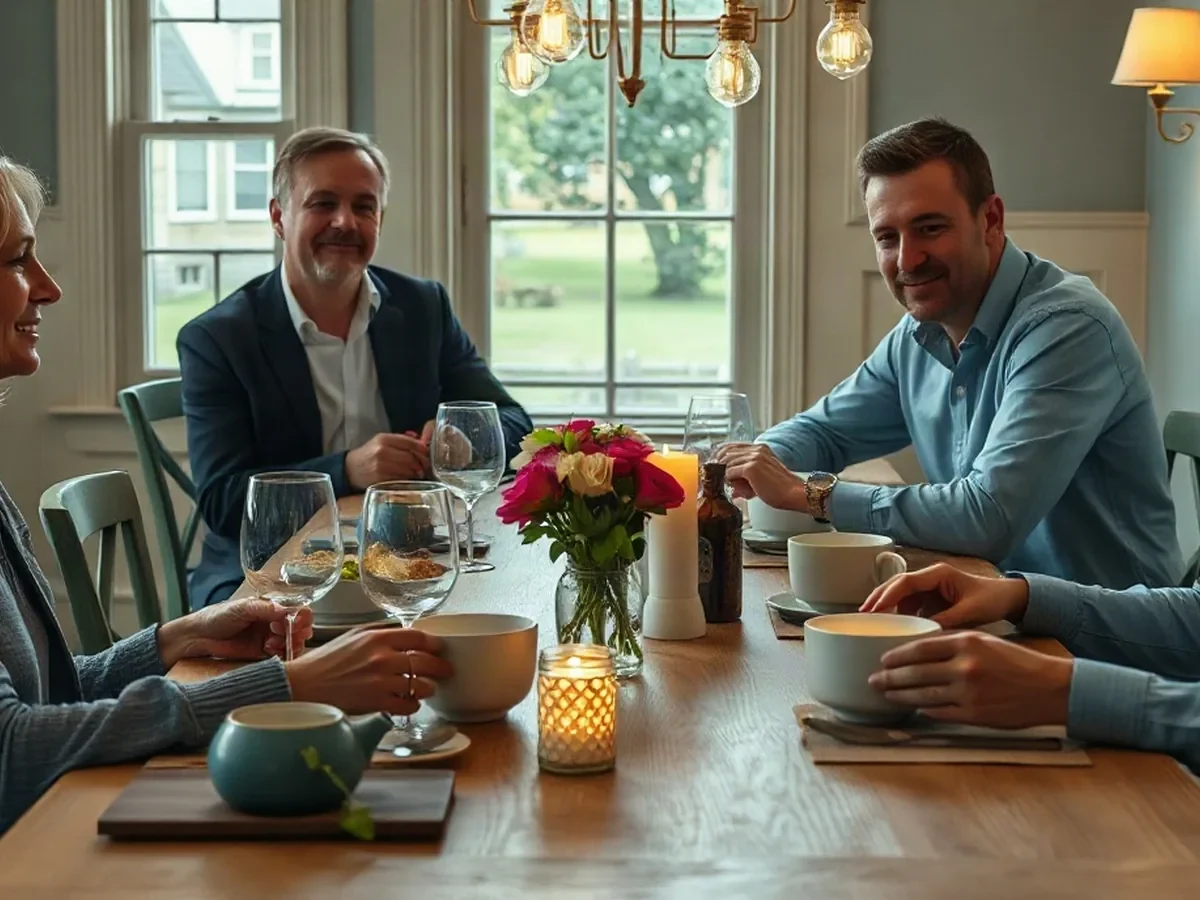 Adult diners sharing a meal at a blue-linen table in warm light.