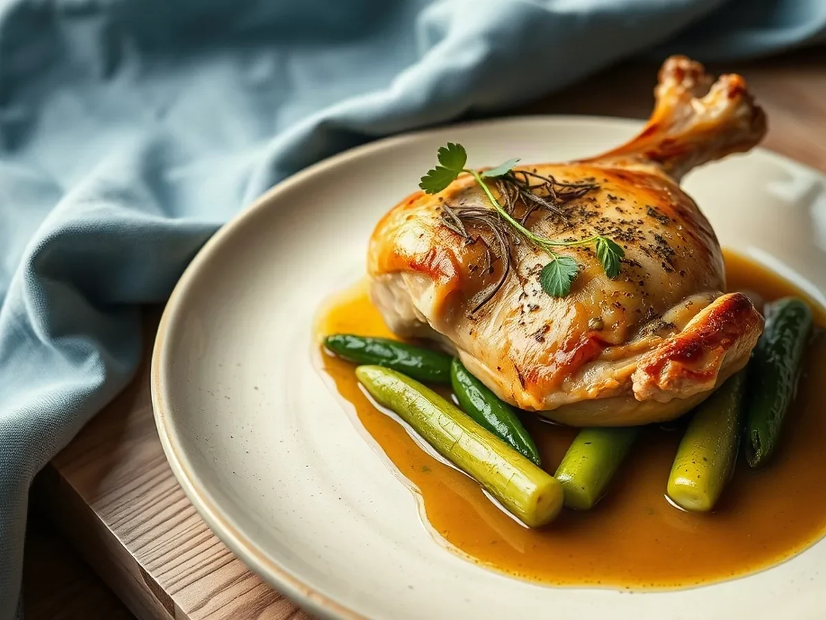 Roast chicken, spring vegetables and tarragon jus on ivory crockery.