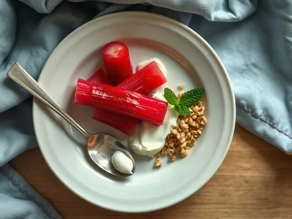 Poached rhubarb with crème fraîche and toasted buckwheat.